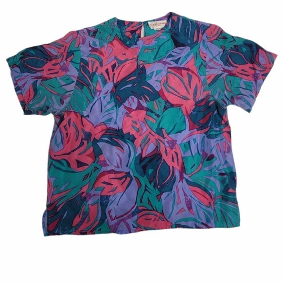 VINTAGE 80s/90s blouse multicolor silk abstract‎ leaf top M - Picture 1 of 8